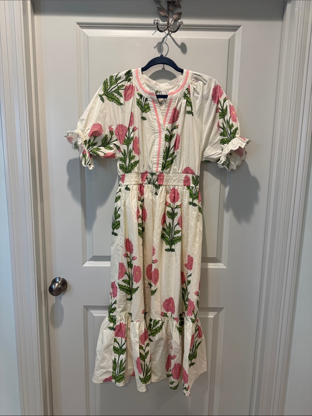 Umgee White Maxi Dress with Pink Floral & Green Stems